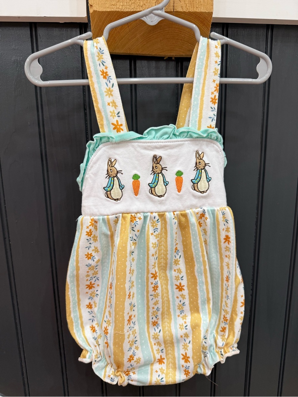Girls' Bunny Embroidered Striped Romper - Yellow & Mint
